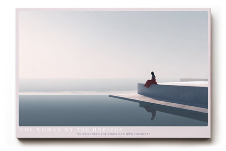 Paul Sinus Wandbild The Woman by the Horizon minimalistische Komposition einer Frau in Rot an einem stillen Meereshorizont