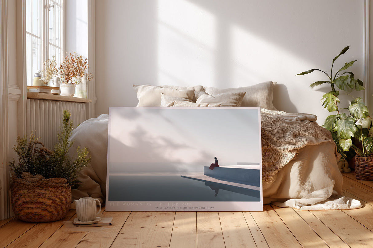 Paul Sinus Wandbild The Woman by the Horizon minimalistische Komposition einer Frau in Rot an einem stillen Meereshorizont
