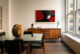 Paul Sinus Wandbild The Woman in Black Hat – Stilvolles Porträt einer Frau im schwarzen Hut vor rotem Hintergrund, Symbol für Eleganz, Stärke und Geheimnis