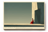 Paul Sinus Wandbild The Woman in Red Silence – Minimalistische Szene mit Frau in rotem Kleid im Spiel von Licht und Schatten, Symbol für Ruhe, Stärke und innere Balance