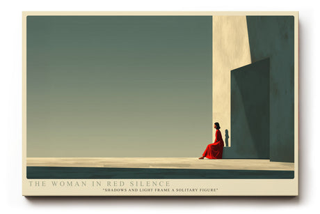 Paul Sinus Wandbild The Woman in Red Silence – Minimalistische Szene mit Frau in rotem Kleid im Spiel von Licht und Schatten, Symbol für Ruhe, Stärke und innere Balance