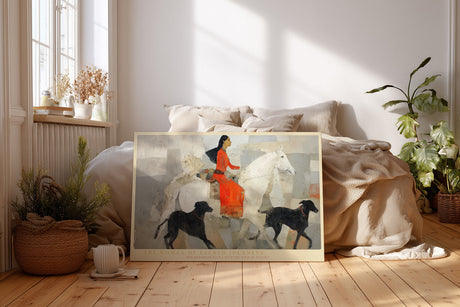 Paul Sinus Wandbild The Woman of Sacred Journeys – Ausdrucksstarkes Reitermotiv mit Frau im roten Kleid und Hunden, symbolträchtige Komposition in Erd- und Weißtönen