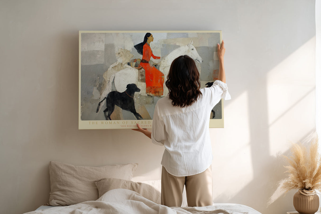 Paul Sinus Wandbild The Woman of Sacred Journeys – Ausdrucksstarkes Reitermotiv mit Frau im roten Kleid und Hunden, symbolträchtige Komposition in Erd- und Weißtönen