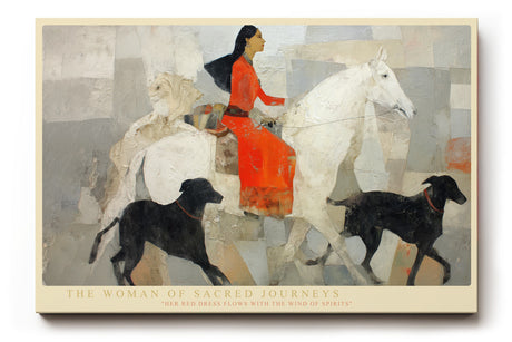 Paul Sinus Wandbild The Woman of Sacred Journeys – Ausdrucksstarkes Reitermotiv mit Frau im roten Kleid und Hunden, symbolträchtige Komposition in Erd- und Weißtönen
