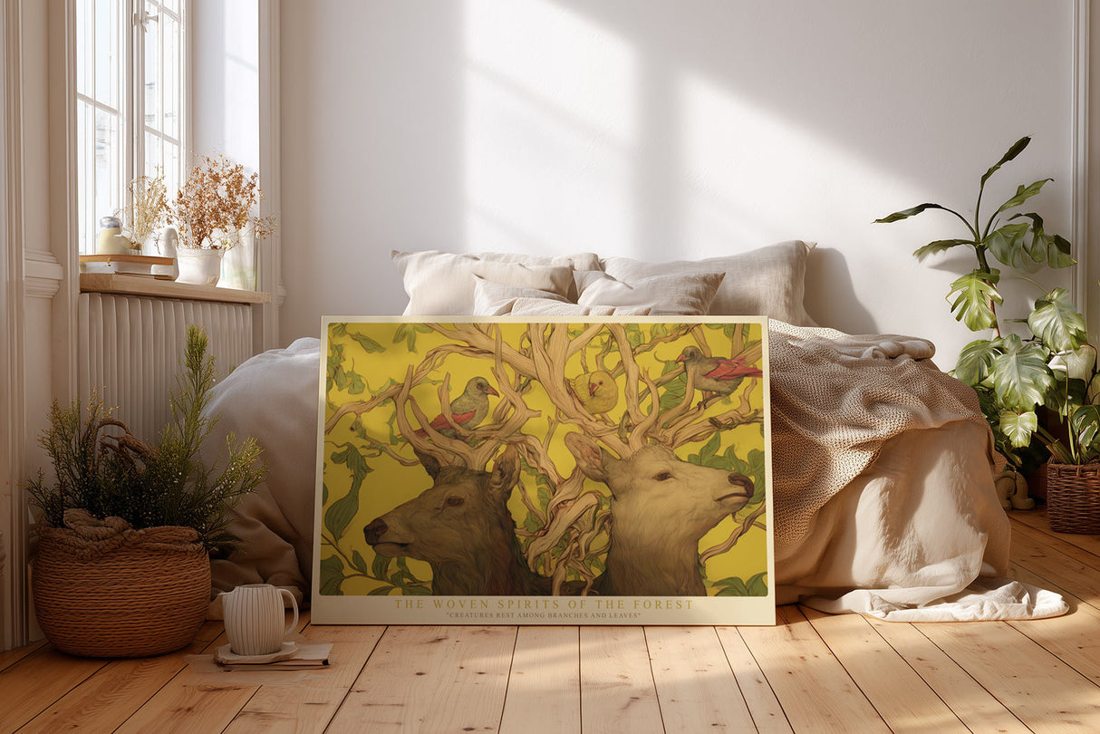 Paul Sinus Wandbild The Woven Spirits of the Forest – Mystisches Tiermotiv mit Hirschen und Vögeln zwischen Ästen und Blättern, symbolische Naturillustration