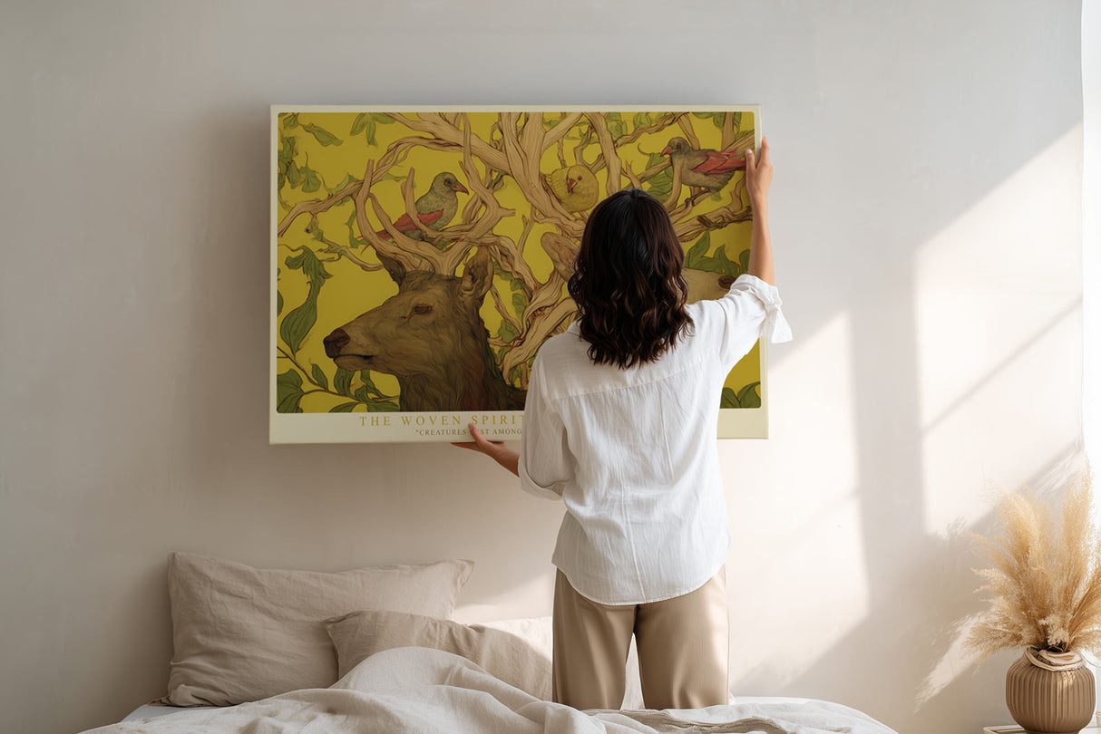 Paul Sinus Wandbild The Woven Spirits of the Forest – Mystisches Tiermotiv mit Hirschen und Vögeln zwischen Ästen und Blättern, symbolische Naturillustration