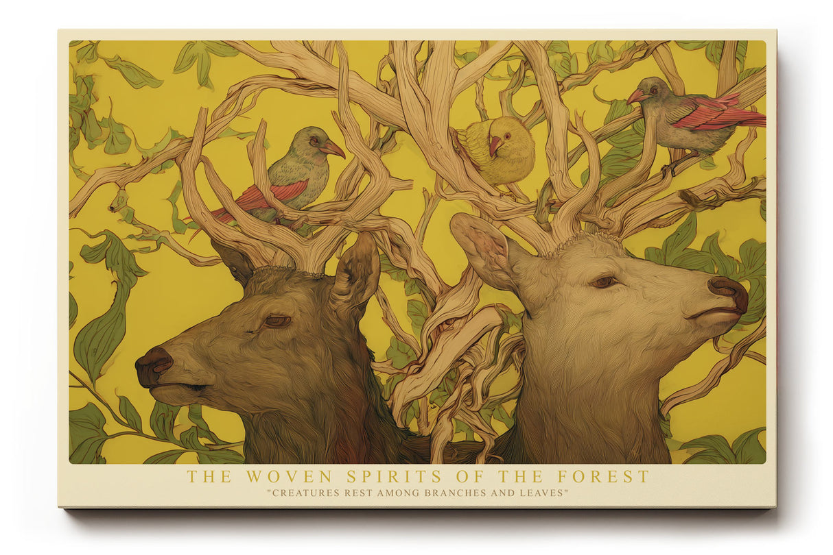 Paul Sinus Wandbild The Woven Spirits of the Forest – Mystisches Tiermotiv mit Hirschen und Vögeln zwischen Ästen und Blättern, symbolische Naturillustration