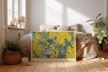 Paul Sinus Wandbild The Woven Spirits of the Wild – Ausdrucksstarkes Tiermotiv mit Hirschen und Vögeln, kunstvoll verwoben in einem stilisierten Wald auf gelbem Hintergrund
