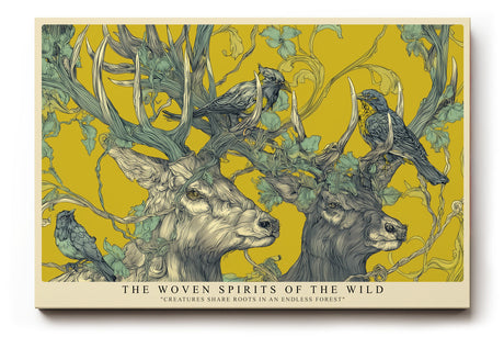 Paul Sinus Wandbild The Woven Spirits of the Wild – Ausdrucksstarkes Tiermotiv mit Hirschen und Vögeln, kunstvoll verwoben in einem stilisierten Wald auf gelbem Hintergrund