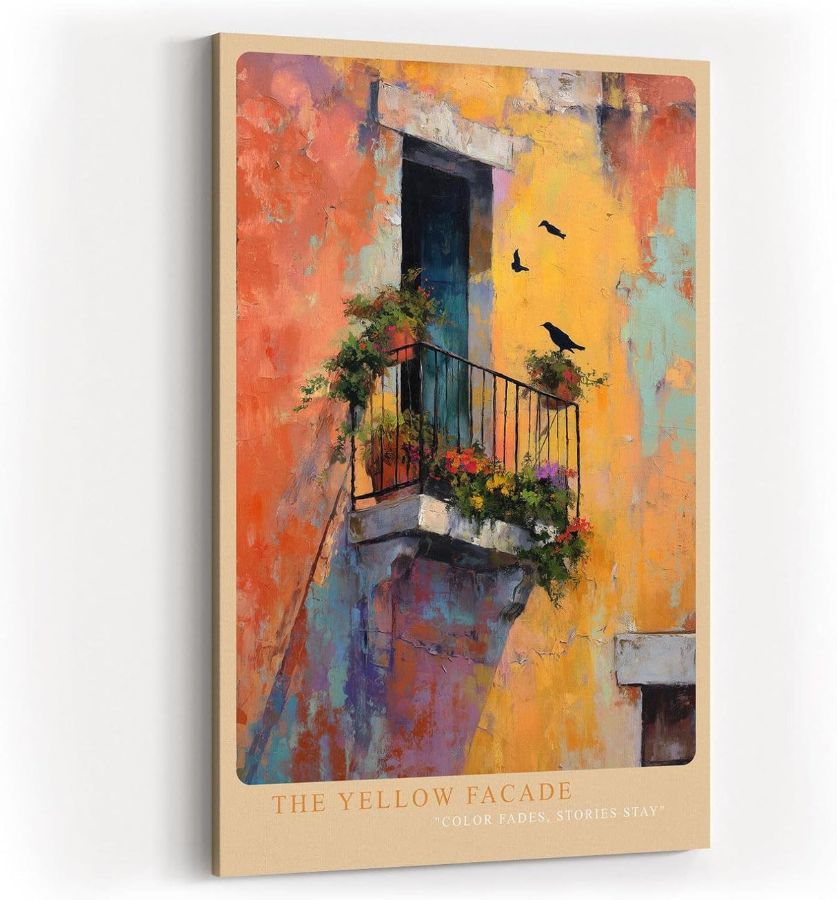 Paul Sinus Wandbild in 40x60cm The Yellow Facade – Mediterrane Balkonszene mit leuchtend gelber Fassade und verspielten Details in impressionistischem Stil