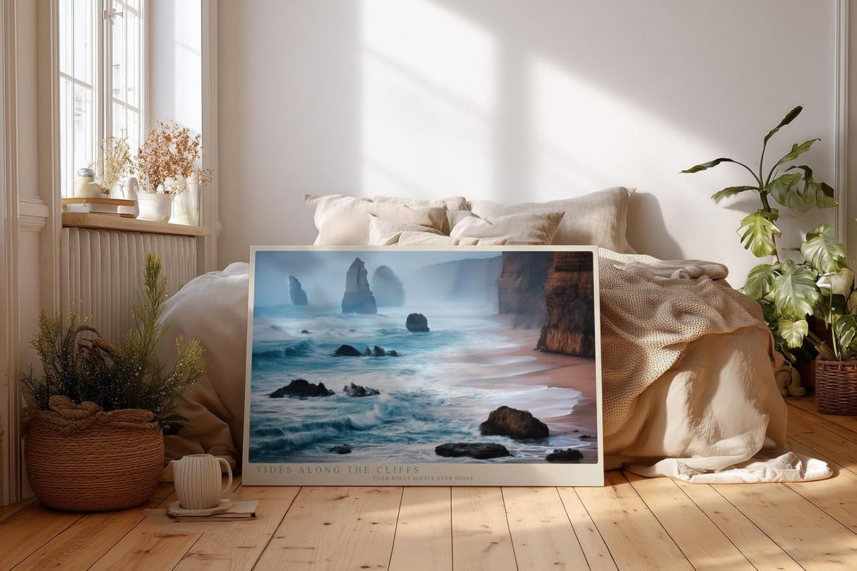 Paul Sinus Wandbild 120x80cm Tides Along the Cliffs Ruhige Meereskueste mit Felsen und Wellen Landschaft Kunst fuer Wohnzimmer Schlafzimmer und Büro