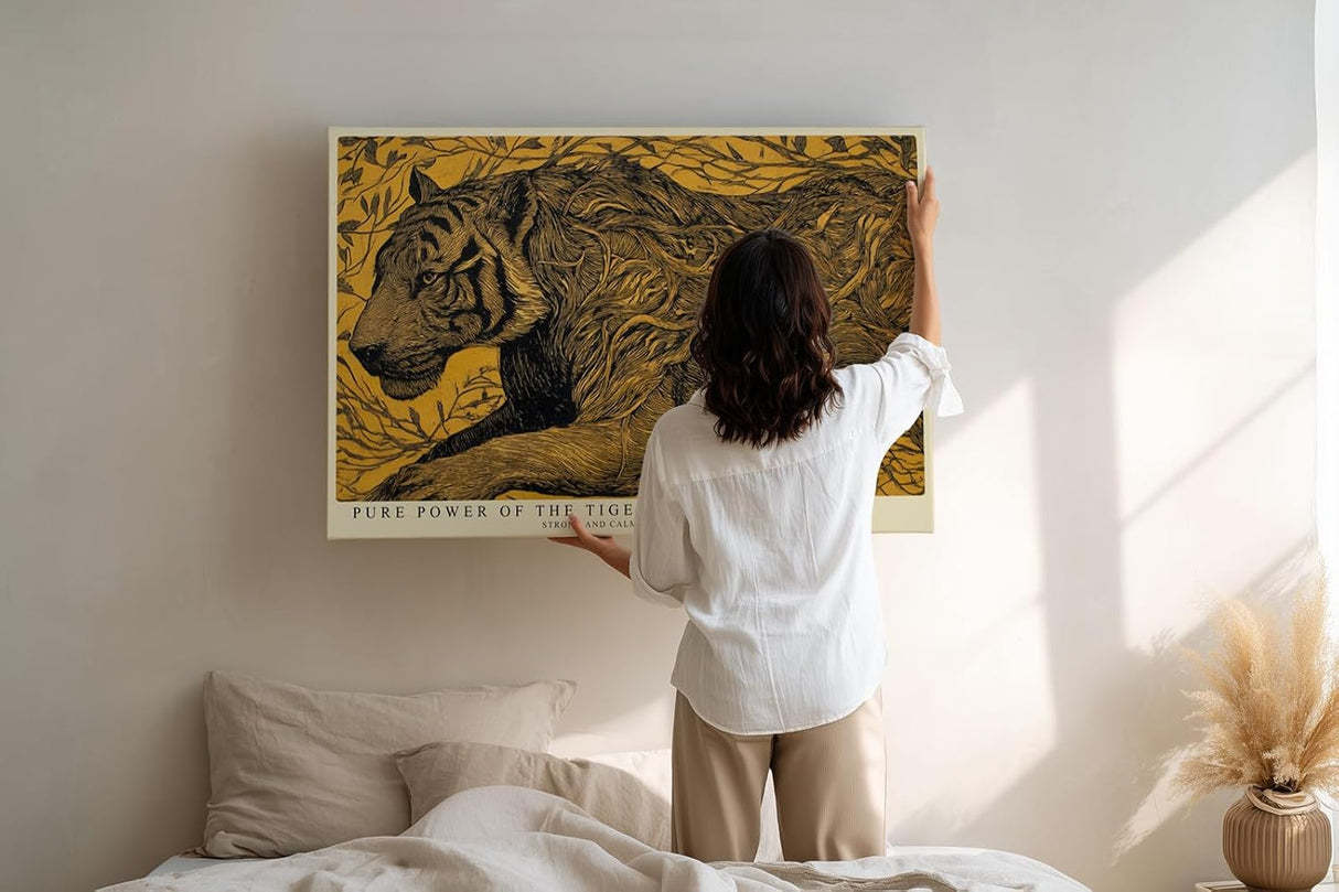 Paul Sinus Wandbild 120x80cm Tiger Illustration in Gold Schwarz Moderne Tierkunst Wanddekoration
