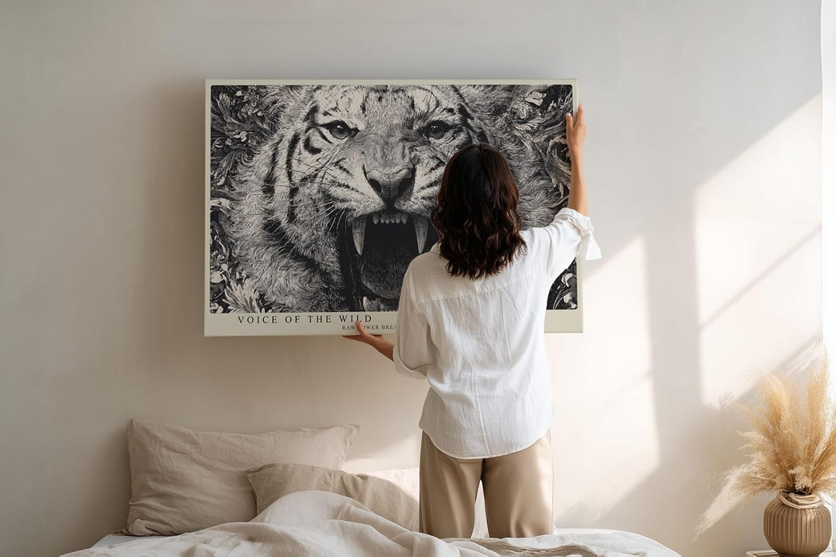 Paul Sinus Wandbild 120x80cm Tiger Portrait Schwarz Weiß Wildtier Kunst für Wohnzimmer Büro und Atelier