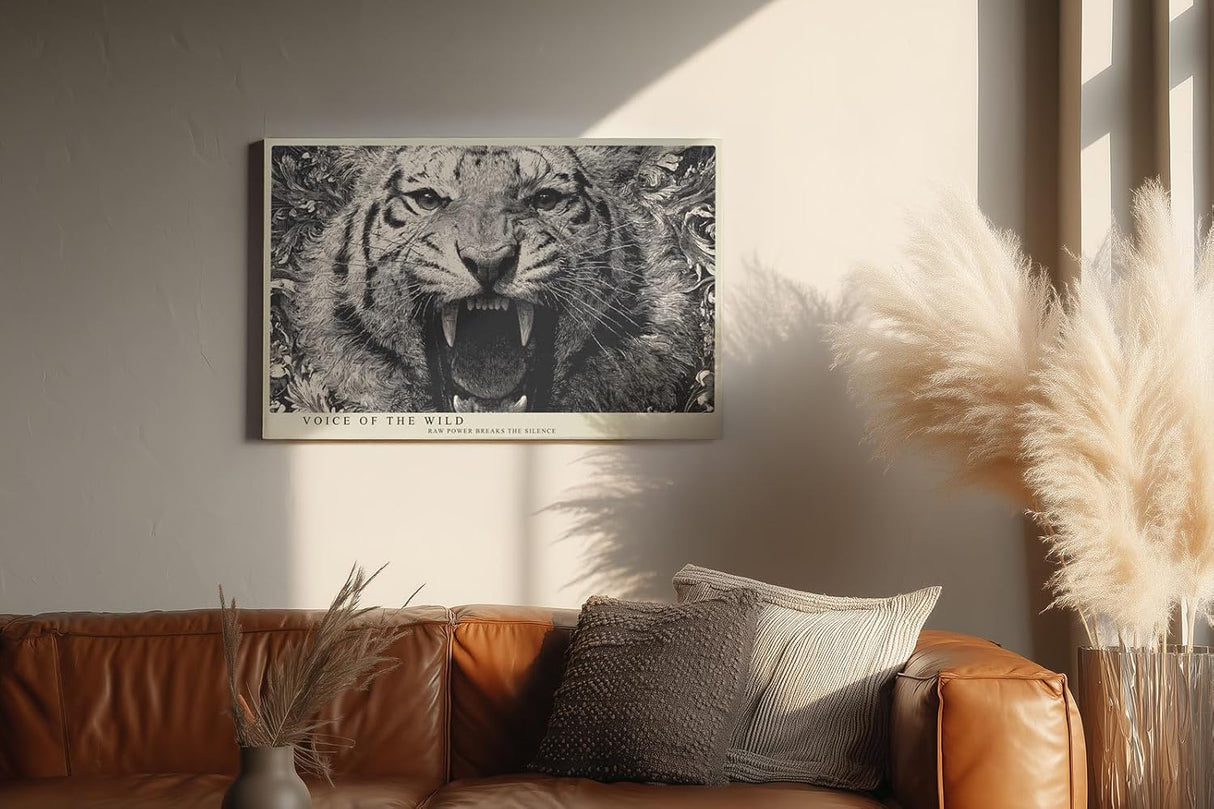 Paul Sinus Wandbild 120x80cm Tiger Portrait Schwarz Weiß Wildtier Kunst für Wohnzimmer Büro und Atelier