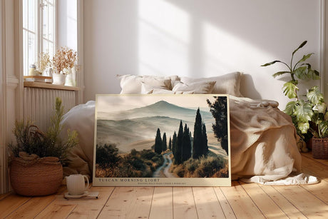 Paul Sinus Wandbild 120x80cm Toskana Landschaft Zypressen Allee italienische Huegel warme Morgenstimmung modernes Landschaftsbild stilvolle Wanddekoration fuer Wohnzimmer Büro