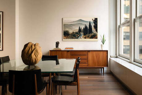 Paul Sinus Wandbild 120x80cm Toskana Landschaft Zypressen Allee italienische Huegel warme Morgenstimmung modernes Landschaftsbild stilvolle Wanddekoration fuer Wohnzimmer Büro