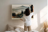 Paul Sinus Wandbild 120x80cm Toskana Landschaft Zypressen Allee italienische Huegel warme Morgenstimmung modernes Landschaftsbild stilvolle Wanddekoration fuer Wohnzimmer Büro