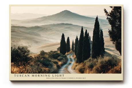 Paul Sinus Wandbild 120x80cm Toskana Landschaft Zypressen Allee italienische Huegel warme Morgenstimmung modernes Landschaftsbild stilvolle Wanddekoration fuer Wohnzimmer Büro