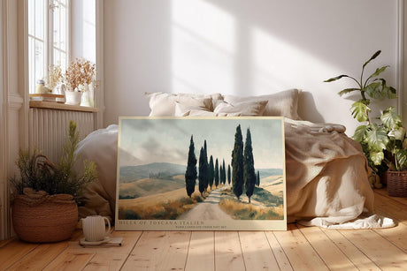 Paul Sinus Wandbild 120x80cm toskanische Landschaft Zypressen Allee mediterrane Hügel warme Naturfarben ruhige Landschaft Kunstbild stilvolle