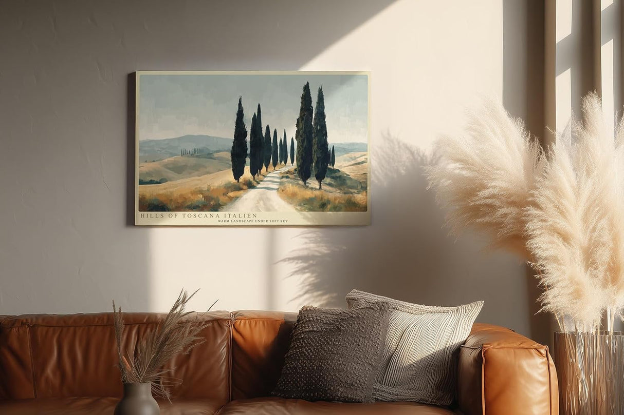Paul Sinus Wandbild 120x80cm toskanische Landschaft Zypressen Allee mediterrane Hügel warme Naturfarben ruhige Landschaft Kunstbild stilvolle