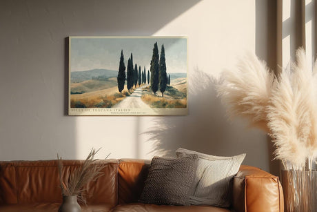 Paul Sinus Wandbild 120x80cm toskanische Landschaft Zypressen Allee mediterrane Hügel warme Naturfarben ruhige Landschaft Kunstbild stilvolle