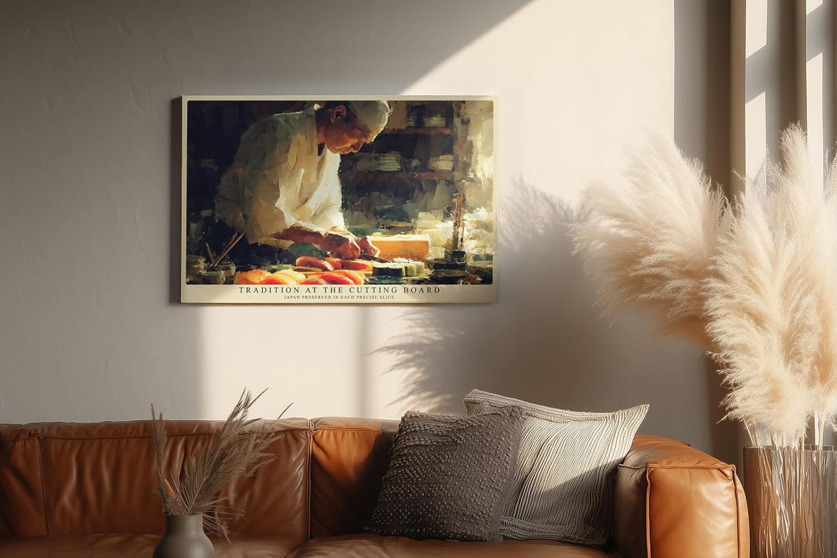 Paul Sinus Wandbild 120x80cm Tradition am Schneidebrett japanische Kochkunst atmosphaerisches Kuechenmotiv Kunstdruck fuer Kueche Restaurant und Essbereich