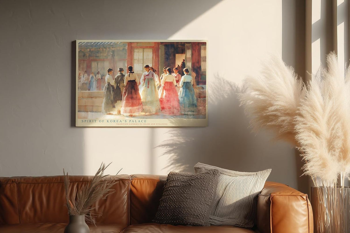 Paul Sinus Wandbild 120x80cm Traditionelle koreanische Hofszene mit Hanbok Gewaendern Kulturelle Kunst in sanften Pastellfarben