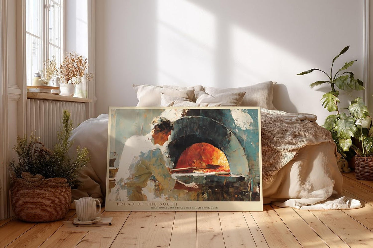 Paul Sinus Wandbild 120x80cm Traditioneller Brotbackofen Szene Warme Kuechenkunst in Beige Rot und Naturtoenen