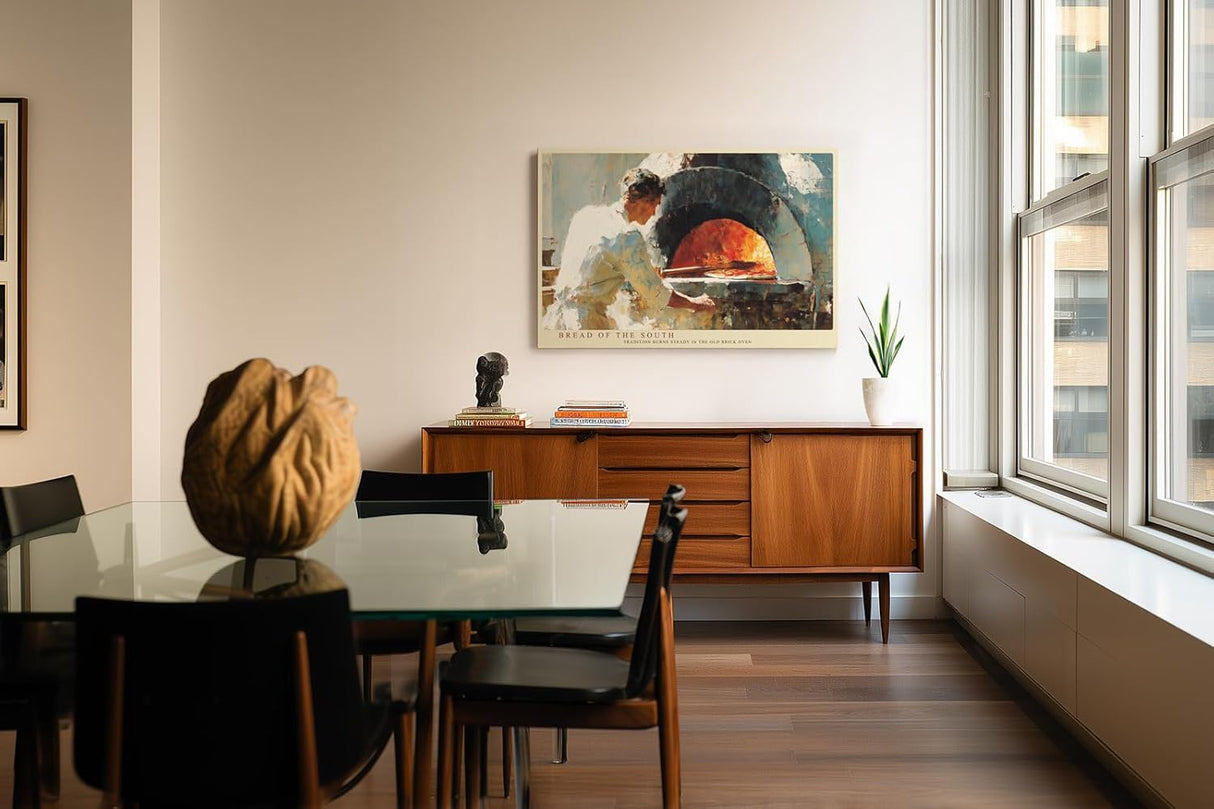 Paul Sinus Wandbild 120x80cm Traditioneller Brotbackofen Szene Warme Kuechenkunst in Beige Rot und Naturtoenen