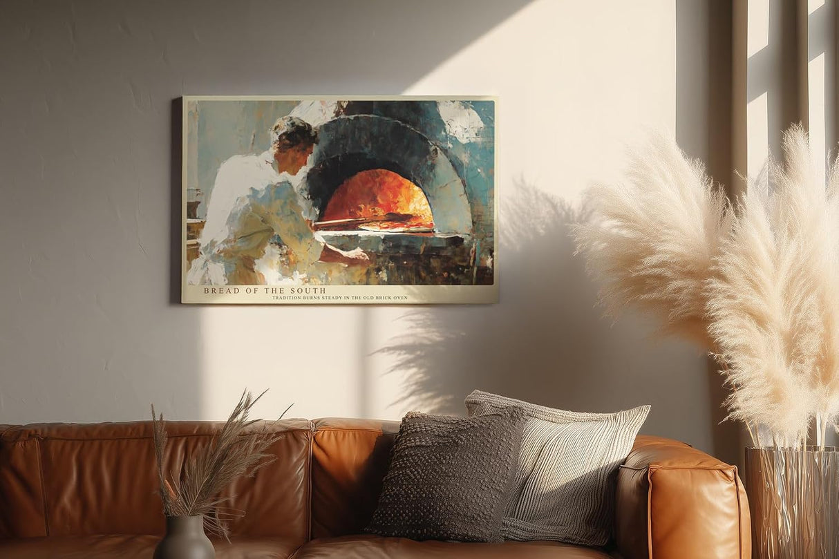 Paul Sinus Wandbild 120x80cm Traditioneller Brotbackofen Szene Warme Kuechenkunst in Beige Rot und Naturtoenen