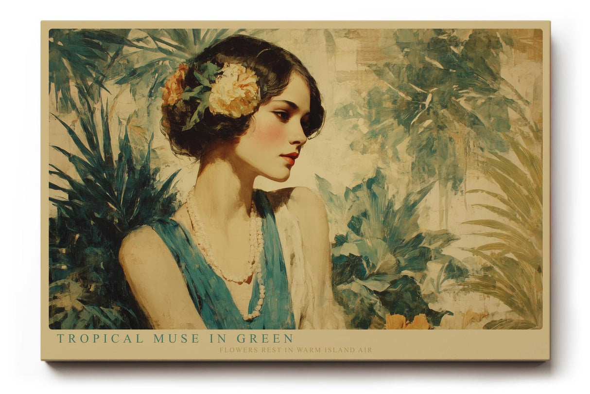 Paul Sinus Wandbild 120x80cm Tropical Muse in Green elegantes Frauenportrait mit Blumen tropische Kunst Poster für Wohnzimmer Schlafzimmer