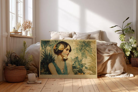 Paul Sinus Wandbild 120x80cm Tropical Muse in Green elegantes Frauenportrait mit Blumen tropische Kunst Poster für Wohnzimmer Schlafzimmer