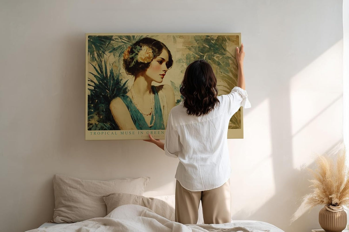 Paul Sinus Wandbild 120x80cm Tropical Muse in Green elegantes Frauenportrait mit Blumen tropische Kunst Poster für Wohnzimmer Schlafzimmer