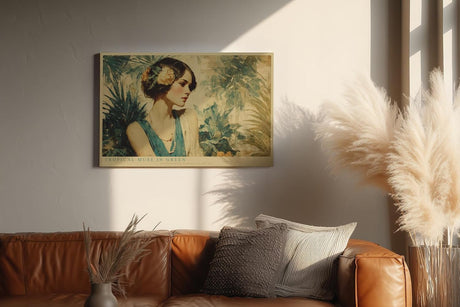 Paul Sinus Wandbild 120x80cm Tropical Muse in Green elegantes Frauenportrait mit Blumen tropische Kunst Poster für Wohnzimmer Schlafzimmer