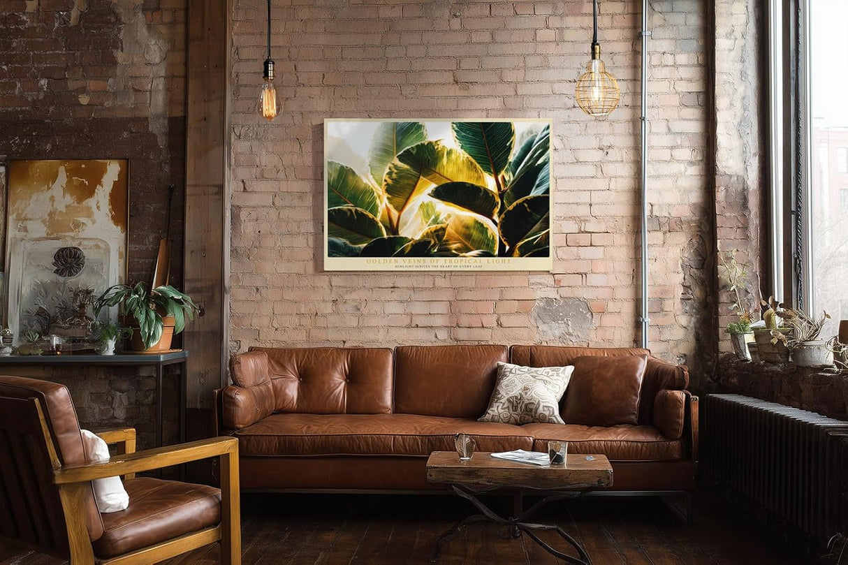 Paul Sinus Wandbild 120x80cm Tropische Blaetter Sonnenlicht botanische Kunst Wanddekoration grüne Pflanzen Naturmotiv Wohnzimmer Schlafzimmer