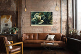 Paul Sinus Wandbild 120x80cm Tropische Blattkomposition in Gruen Botanische Naturkunst mit dunklem Hintergrund