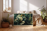 Paul Sinus Wandbild 120x80cm Tropische Blattkomposition in Gruen Botanische Naturkunst mit dunklem Hintergrund