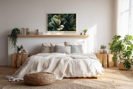 Paul Sinus Wandbild 120x80cm Tropische Blattkomposition in Gruen Botanische Naturkunst mit dunklem Hintergrund