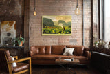 Paul Sinus Wandbild 120x80cm Tropische Landschaft mit Tabakfeld und Bergen Atmosphaerische Naturkunst in Gruen und Goldtoenen