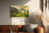 Paul Sinus Wandbild 120x80cm Tropische Landschaft mit Tabakfeld und Bergen Atmosphaerische Naturkunst in Gruen und Goldtoenen