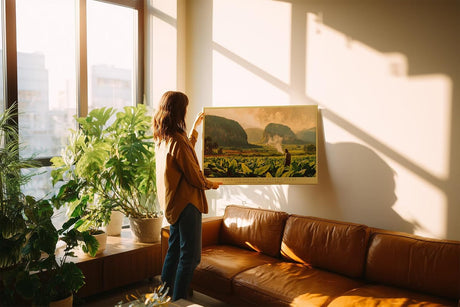 Paul Sinus Wandbild 120x80cm Tropische Landschaft mit Tabakfeld und Bergen Atmosphaerische Naturkunst in Gruen und Goldtoenen