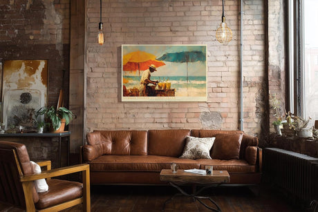 Paul Sinus Wandbild 120x80cm Tropische Strandszene Copacabana mit Sonnenschirmen und Getraenkeverkaeufer Sommerliche Kunst fuer Wohnräume