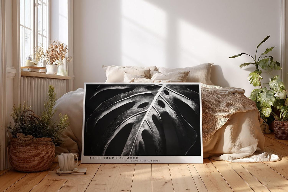 Paul Sinus Wandbild 120x80cm tropisches Blatt Monstera schwarz weiss minimalistische Natur Fotokunst moderner Kunstdruck elegante