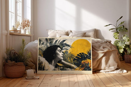 Paul Sinus Wandbild 120x80cm tropisches Frauenportrait moderne Kunst gelbe Sonne exotische Pflanzen Wanddekoration fuer Wohnzimmer Büro