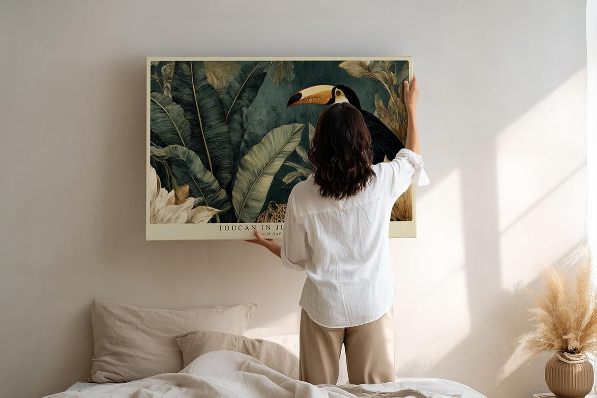 Paul Sinus Wandbild 120x80cm Tukan im Tropischen Dschungel Exotische Vogelkunst mit Blättern Natur Wanddekoration