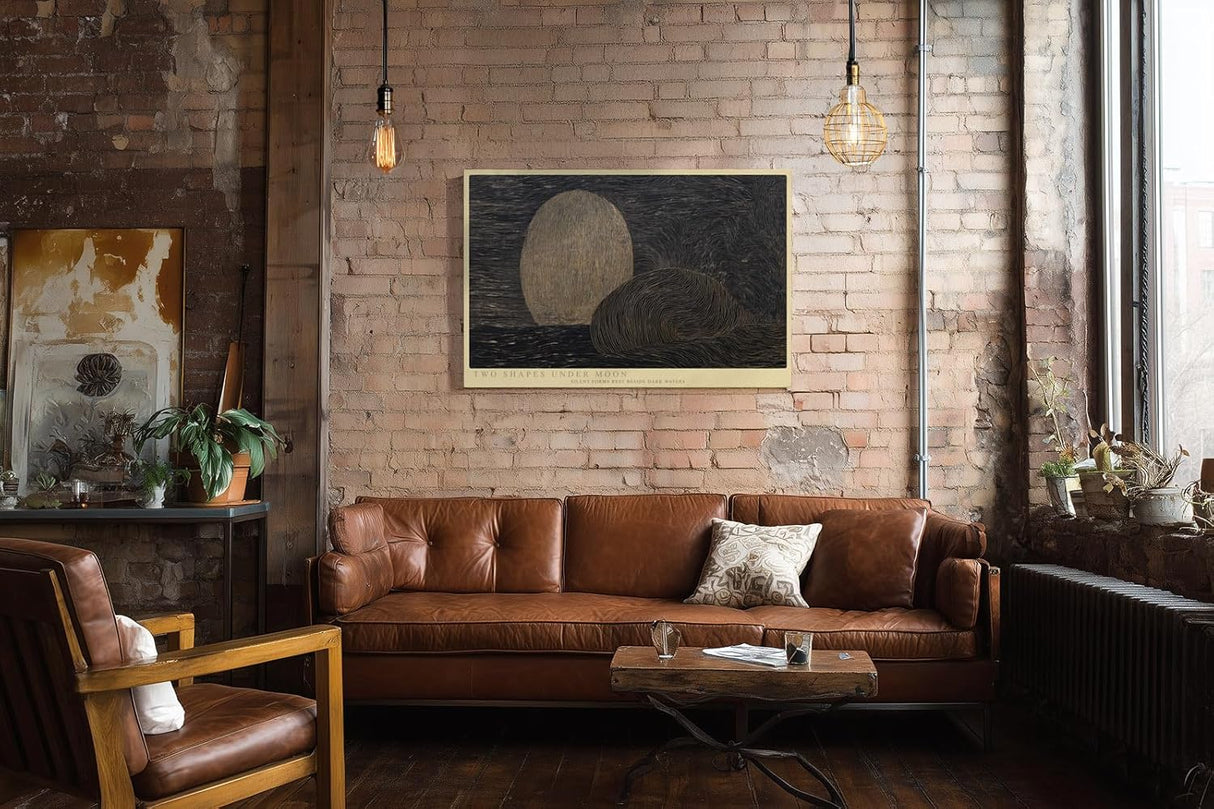 Paul Sinus Wandbild 120x80cm Two Shapes under Moon abstrakte Nachtlandschaft mit Mond moderne Minimal Kunst Poster für Wohnzimmer Büro