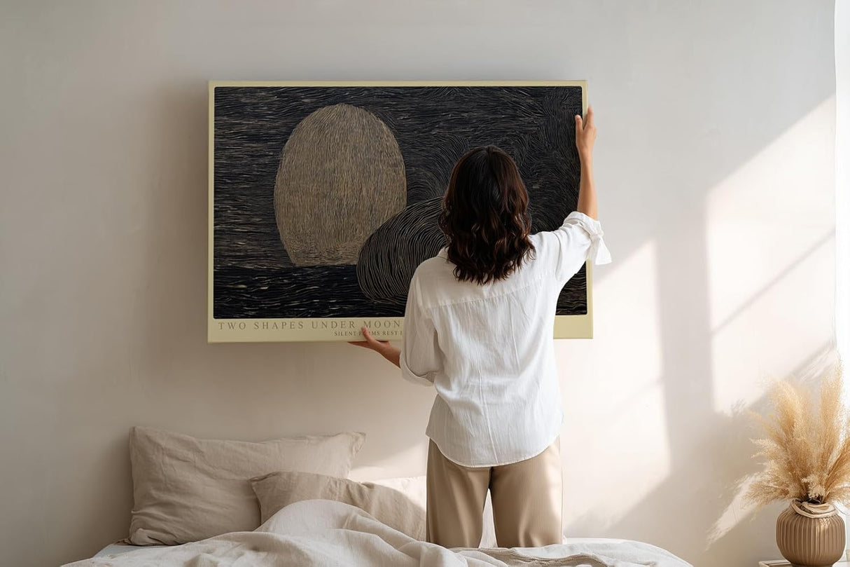 Paul Sinus Wandbild 120x80cm Two Shapes under Moon abstrakte Nachtlandschaft mit Mond moderne Minimal Kunst Poster für Wohnzimmer Büro