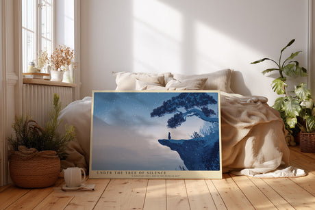 Paul Sinus Wandbild Under the Tree of Silence poetisches Naturmotiv mit einsamer Figur unter einem alten Baum im Schnee