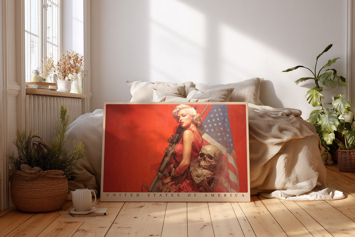 Paul Sinus Wandbild United States of America – provokantes Popart-Motiv mit Frau, Gewehr und Flagge als Symbol für Stärke und Ambivalenz