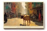 Paul Sinus Wandbild 120x80cm Varanasi Strassenszene Indien Kunstmotiv Traditionelle Stadtlandschaft mit Kuh